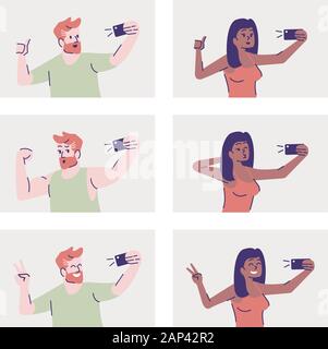 Selfie stellt Flachbild Vektorgrafiken. Glücklich der Mann und die Frau sich selbst Foto. Lächelnde Menschen mit Handy Fotografie. Die self portrait Stock Vektor