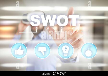 SWOT-Analysekonzept - eine Studie einer Organisation zur Ermittlung ihrer internen Stärken, Schwächen sowie ihrer externen Chancen und Bedrohungen. Stockfoto