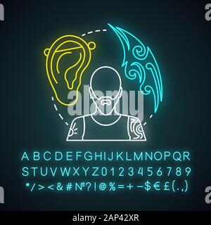 Moderne primitiven Lebensstil Neon Licht Konzept Symbol. Körper Modifikation Idee. Mann mit dem tätowierten Körper, Piercing. Tattoo Studio. Leuchtende Zeichen mit alphabe Stock Vektor