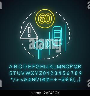 Anmelden Anerkennung Neon Licht Konzept Symbol. Verkehrsschilder erkennen. Smart Auto auf der Straße. Sensor Technologien Idee. Leuchtende Zeichen mit Alphabet, Zahlen ein Stock Vektor