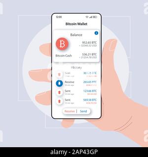 Bitcoin balance Wallet smartphone Schnittstelle vektor Vorlage. Mobile App Seite weiß Design Layout. Gesendete und empfangene Geld. Flachbild-UI für applicat Stock Vektor