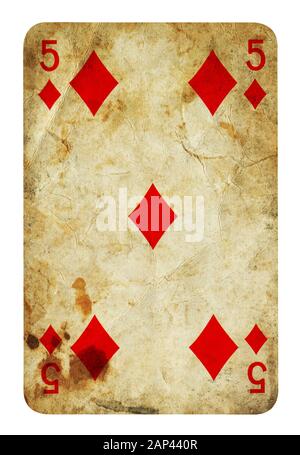 Fünf von Diamond Vintage Playing Card - isoliert auf weißem (clipping path enthalten) Stockfoto