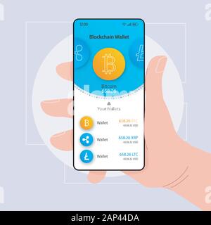 Blockchain Geldbeutel organizer smartphone Schnittstelle vektor Vorlage. Mobile App Seite blau und weißen Design Layout. BTC Betrag angezeigt. Flachbild-UI für Anwendungen Stock Vektor