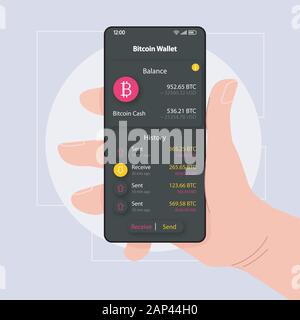 Bitcoin wallet Assistant smartphone Schnittstelle vektor Vorlage. Mobile App Seite schwarzes Design Layout. Geld Transaktion angezeigt. Flachbild-UI für die Anwendung. Stock Vektor