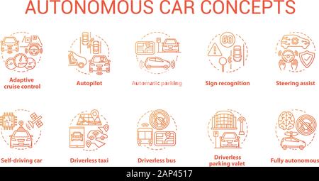 Autonome auto Konzept Symbole gesetzt. Auto robotic Features. Fahrerlose Fahrzeuge. Elektronische Technologie in das sichere Fahren Idee dünne Linie Illustrationen. Vecto Stock Vektor