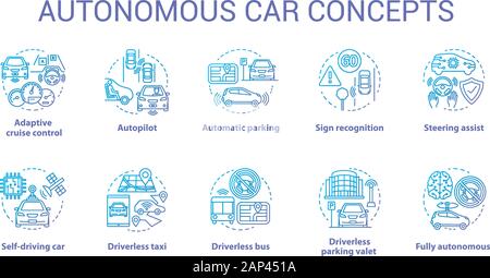 Autonome auto Konzept Symbole gesetzt. Auto robotic Features. Fahrerlose Fahrzeuge. Elektronische Technologie in das sichere Fahren Idee dünne Linie Illustrationen. Vecto Stock Vektor