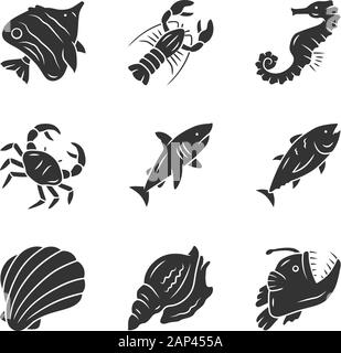 Meerestiere Glyphe Symbole gesetzt. Schwimmen Shark, Seeteufel. Unterwasser Kreatur. Aquatischen Organismus. Seafood Restaurant. Hummer, Krabben, Thunfisch. Silhouette Stock Vektor