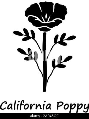 Kalifornischer Mohn glyph Icon. Papaver rhoeas mit Namen Inschrift. Mais stieg blühenden Wildblumen. Krautigen Pflanzen. Feld common Poppy. Silhouette sy Stock Vektor