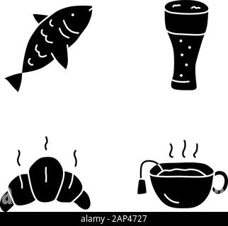 Drinks und Snacks doodle Glyphe Symbole gesetzt. Schädliche und gesunde Getränke mit Häppchen silhouette Symbole. Fischen, Bier Glas, Croissant und heißen Tee v Stock Vektor