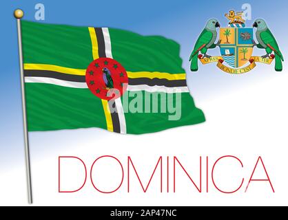 Dominica offizielle nationale Flagge und Wappen, Vector Illustration Stock Vektor