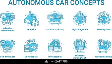 Autonome auto Konzept Symbole gesetzt. Auto robotic Features. Fahrerlose Fahrzeuge. Elektronische Technologie in das sichere Fahren Idee dünne Linie Illustrationen. Vecto Stock Vektor