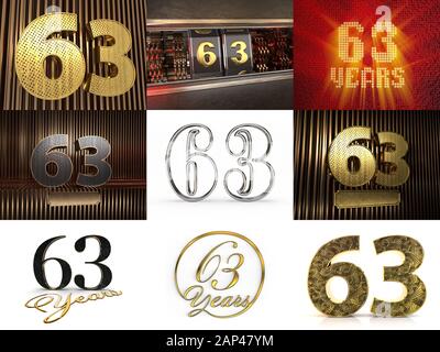 Set mit der Nummer 63 (Nummer 63) Festgestaltung. Geburtstags-Nummer-Vorlage für Ihre Geburtstagsfeier. 3D-Abbildung Stockfoto