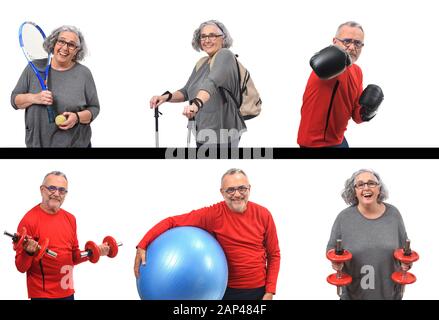 Frau und Mann üben Übungen auf weißem Hintergrund Stockfoto