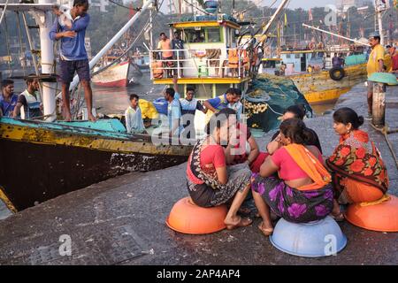 Weibliche Fischhändler der Koli-Ethnie ruhen auf ihren Körben in Sassoon Docks, einem Fischerhafen in Colaba Area, Mumbai, Indien Stockfoto