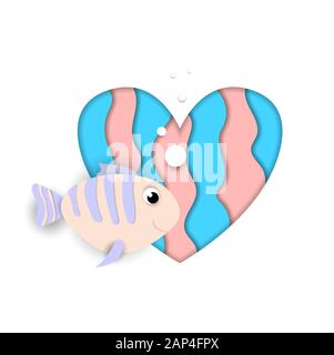 Papier schneiden Fisch flow auf Herz auf weißem Hintergrund, blau und rosa Farben Design Element für Baby Grusskarten, Valentinstag Aufkleber. L Stockfoto