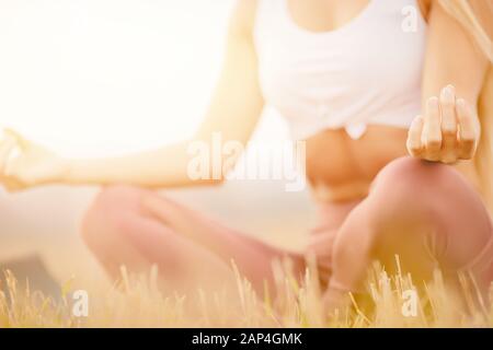 Nahfingerchen von Mädchen meditieren in lotus-position, Yoga-Klasse im Park Stockfoto