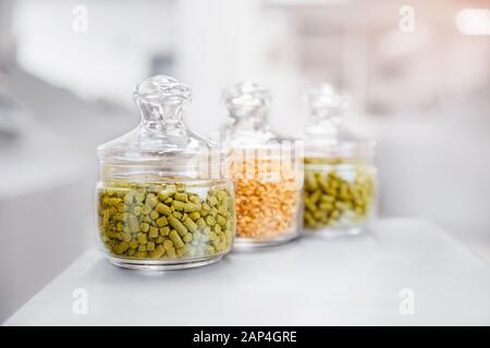 Bierzutaten Hopfen und Malz in Glasflaschen vor dem Hintergrund der Brühmatten Stockfoto