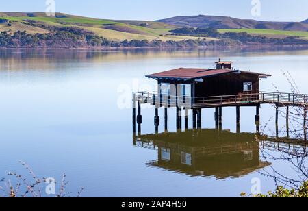 Haus auf Stelzen auf der Küstenlinie von Tomales Bay, North San Francisco Bay Area, Kalifornien Stockfoto