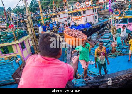 Indische Fischer arbeiten in Sassoon Docks in Mumbai Indien Stockfoto