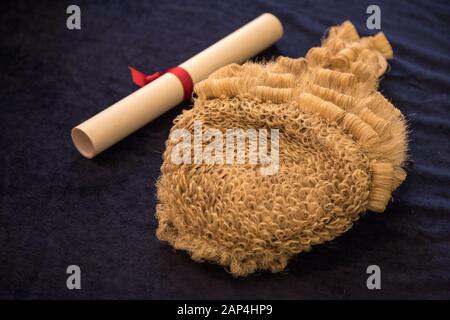 Perücke als getragen durch einige Richter und Rechtsanwälte in England und Wales, auch als Peruke bekannt. Dieses Bild wurde auf einer Abschlussfeier Fotoshooting getroffen, ein Stockfoto