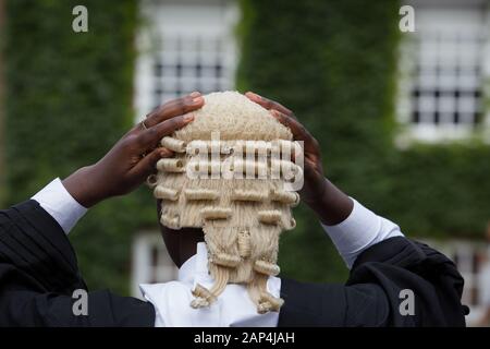 Ein Mann, der eine legale Kleidung trägt und eine Gerichtsperücke hält, die sonst als Peruke bekannt ist Stockfoto