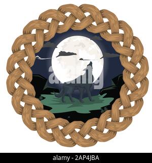 Wolf heult auf dem Berg mit Vollmondhintergrund. Rundes Symbol mit Farbband. Abbildung: Flacher Vektor. Stock Vektor