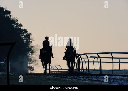 Newmarket, Großbritannien. 21. Januar, 2020. Jockeys reiten auf einem eisigen Morgen auf Training von Newmarket galoppiert. Credit: Mark Bullimore/Alamy leben Nachrichten Stockfoto