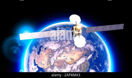 Satelliten im Orbit, Telekommunikation, Satellitenansicht der Erde. Asien Russland, China und der Mittlere Osten. Physisches Planisphere. 3D-Rendering Stockfoto