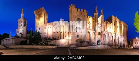 Panorama der Palast der Päpste, einmal die Festung und Palace, einem der größten und wichtigsten mittelalterlichen gotischen Gebäude in Europa, in der Nacht, Avignon, Frankreich Stockfoto