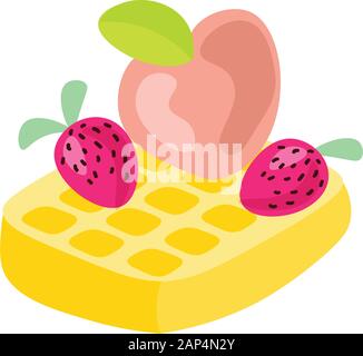 Cute cartoon vector Abbildung: Belgische Waffeln mit Erdbeeren und Pfirsich. Obst belgische Waffel Symbol auf weißem Hintergrund Stock Vektor