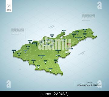 Stilisierte Karte der Dominikanischen Republik. Isometrische 3D-grüne Karte mit Städten, Ländergrenzen, Kapital, Regionen. Vector Illustration. Bearbeitbare Layer labele klar Stock Vektor