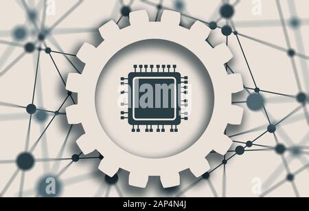 Flaches Symbol für CPU-Mikroprozessor. Hintergrund Für Molekül Und Kommunikation. Verbundene Linien mit Punkten. Weißes Zahnrad mit Schatten. Geringe Schärfentiefe Stockfoto