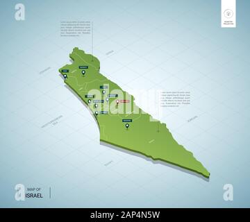 Stilisierte Karte von Israel. Isometrische 3D-grüne Karte mit Städten, Ländergrenzen, Hauptstadt Jerusalem, Regionen. Vector Illustration. Bearbeitbare Layer deutlich gekennzeichnet. Stock Vektor