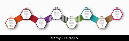 Infografik Vektor mit 8 Hexagonen. Wird für acht Diagramme, Diagramme, Flussdiagramme, Zeitpläne, Marketing und Präsentation verwendet. Kreatives Geschäftskonzept Schritt für Schritt Stock Vektor