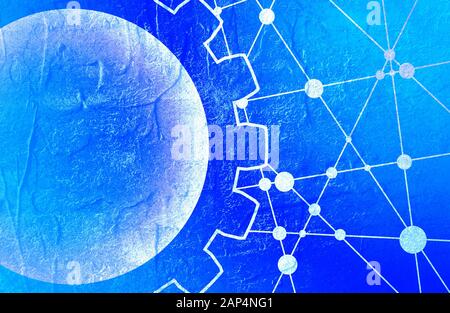 Molekül und Kommunikation Hintergrund. Moderne Broschüre oder Report Design vorlage. Feld für Text als Zahnradsymbol. Angeschlossene Leitungen mit Punkten. Eine Technologie Stockfoto
