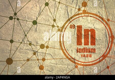 Chemisches Indiumelement. Schild mit Ordnungszahl und Atomgewicht. Chemisches Element des Periodensystems. Hintergrund Für Molekül Und Kommunikation. Verbinden Stockfoto