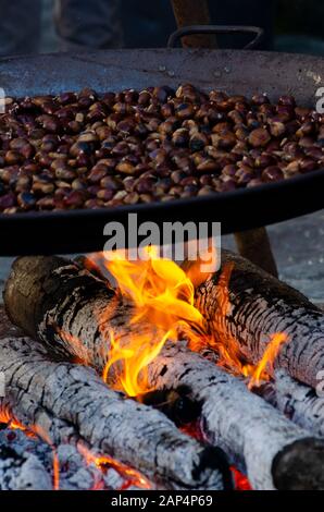 Während des Oktoberfests, das die Kastanienernte feiert, brüten im toskanischen Bergdorf Gavinana Kastanien bei einem offenen Feuer. Stockfoto