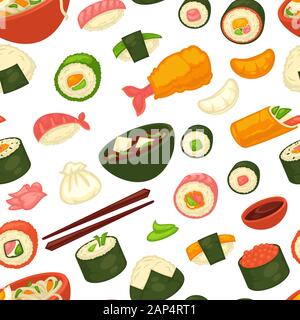 Sushi und Nudeln, japanische Küche nahtlose Muster, Ingwer und Wasabi Stock Vektor