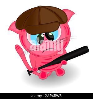 Wütende Katze mit Baseballschläger. Cartoon-Vektor-Illustration auf weißem Hintergrund. Stock Vektor