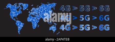 Globale Telekommunikationsdienste 4 G 5 G 6 G-Geschwindigkeit. Blaue Fahne. Polygonale Weltkarte. Dreieckiges Muster der Kontinente. Geometrische trendy polygonalen Stil. Blaues t Stock Vektor