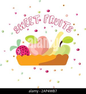 Cute cartoon Vector Illustration von süßen Früchten und Beeren in der Platte. Banane, Apfel, Pfirsich und Erdbeere in einer Platte, Vorderansicht, auf weissem isoliert Stock Vektor