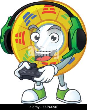 Coole chinesische Kreis feng shui cartoon Maskottchen mit Kopfhörer und Controller Stock Vektor