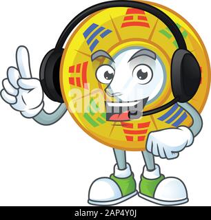 Smiley chinesische Kreis feng shui Cartoon Character Design tragen Kopfhörer Stock Vektor