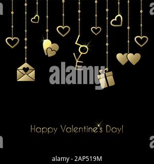Grußkarte für Valentines Tag mit Gold hängenden Geschenke auf schwarzem Hintergrund Stock Vektor