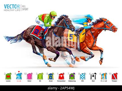 Zwei Rennpferde miteinander konkurrieren. Das hippodrom. Rennstrecke. Derby. Jockey uniform. Vector Illustration. Auf weissem Hintergrund Stock Vektor