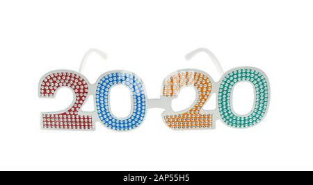 2020 Text mit Brille für Silvester Feier auf weißem Hintergrund Stockfoto