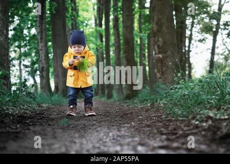 Kleiner Junge im gelben Jacke im Sommer Park Stockfoto