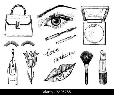 Make-up-Tools. Doodle eine Sammlung von Tools und Elemente für einen Beauty Salon. Hand gezeichnet Vintage graviert Skizze skizzieren. Augen, Lippen, Rouge Stock Vektor