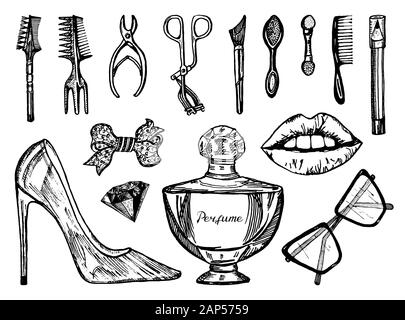 Make-up-Tools. Doodle eine Sammlung von Tools und Elemente für einen Beauty Salon. Hand gezeichnet Vintage graviert Skizze skizzieren. Augen, Lippen, Rouge Stock Vektor