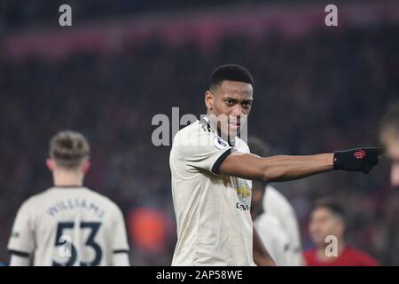 LIVERPOOL, ENGLAND - Januar 19: Anthony Martial von Manchester United in der Premier League Spiel zwischen dem FC Liverpool und Manchester United bei Anfield am 19. Januar 2020 in Liverpool, Vereinigtes Königreich. MB Media Stockfoto